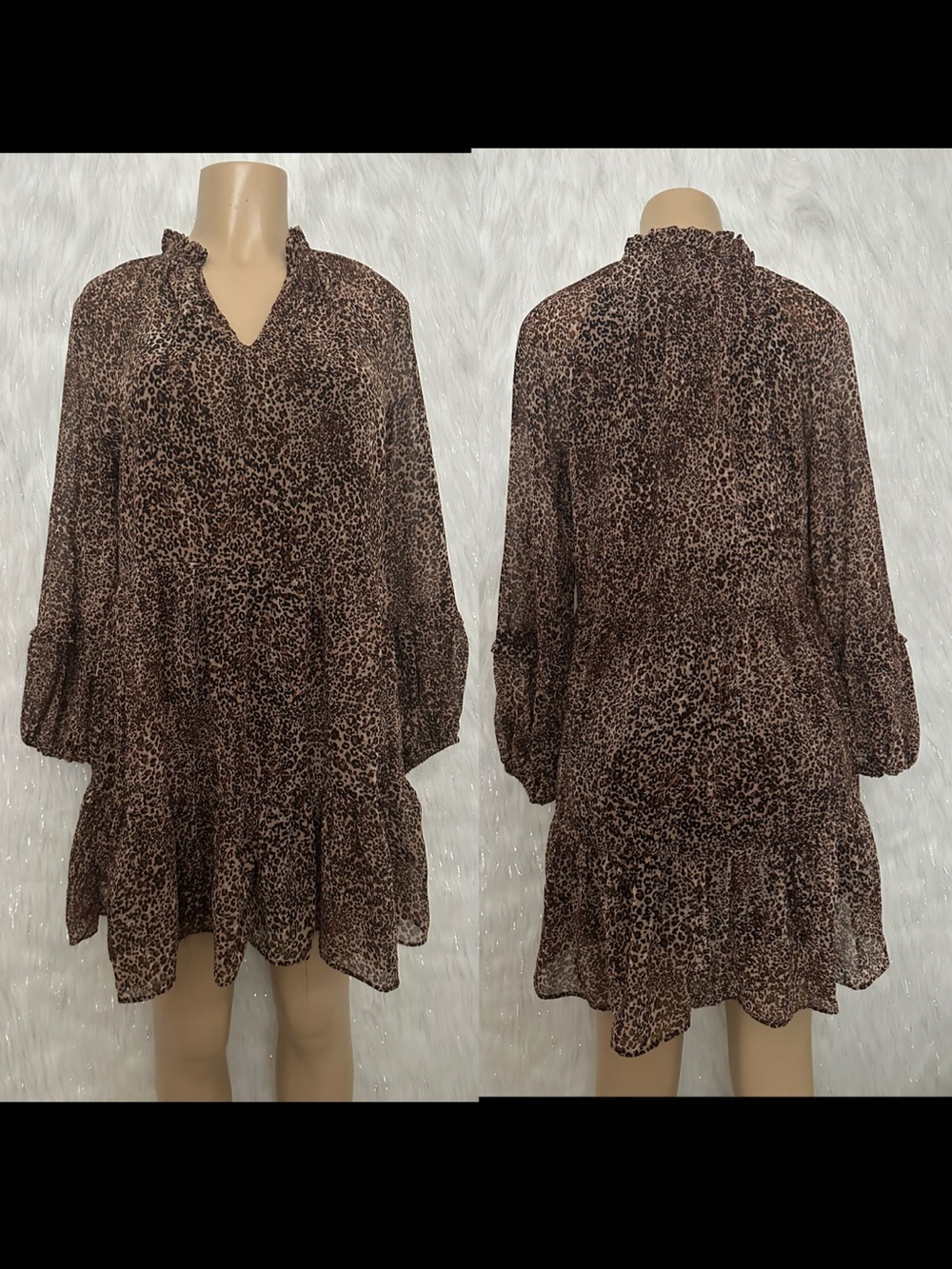 1. State Brown Leopard Print Long Sleeve Ruffle Hem Dress